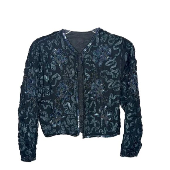 🔥VINTAGE FLORAL EMBOSSED CROPPED SEQUIN CARDIGAN Size small - Picture 1 of 8